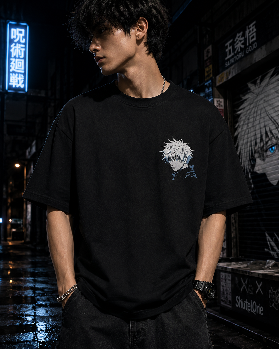 Gojo Satoru Oversized Anime T-Shirt – Premium Black Streetwear Graphic Tee | ShutelOne